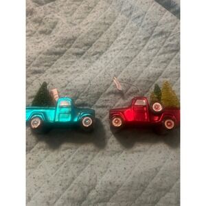 Set of 2 Glass Pickup Truck Christmas Ornaments Red Teal Bottle Brush Trees